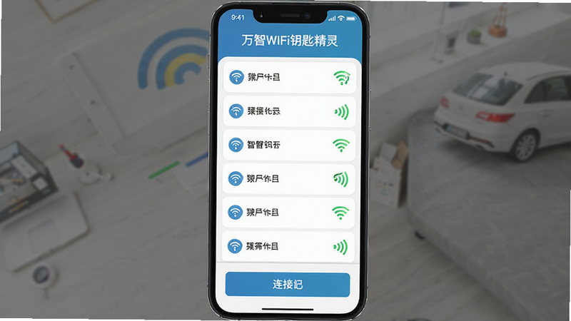 主体为手机屏幕显示万智WiFi钥匙精灵界面,布局清晰,顶部显示软件名称,中间列出多个WiFi信号列表,底部有连接按钮,风格扁平化设计,细节处有绿色信号图标,画质高清,干净无多余元素