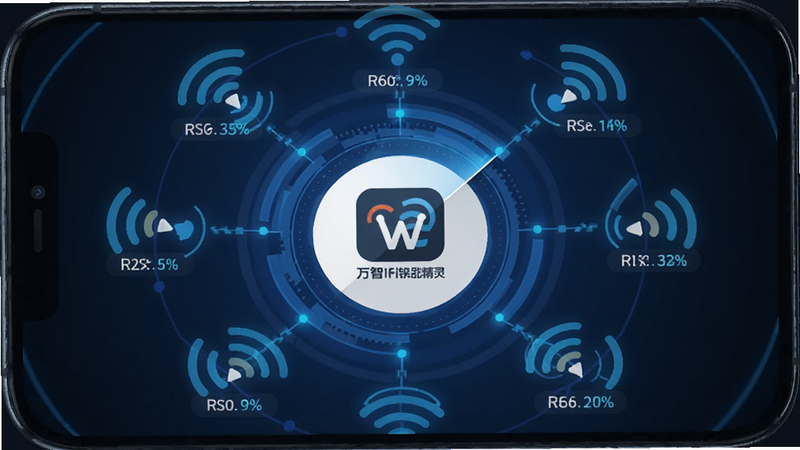 主体为手机扫描雷达界面,布局呈圆形扩散状,中心为万智WiFi钥匙精灵Logo,周围环绕多个WiFi信号节点,风格科技感蓝色调,细节显示信号强度百分比,画质清晰,干净无背景杂讯