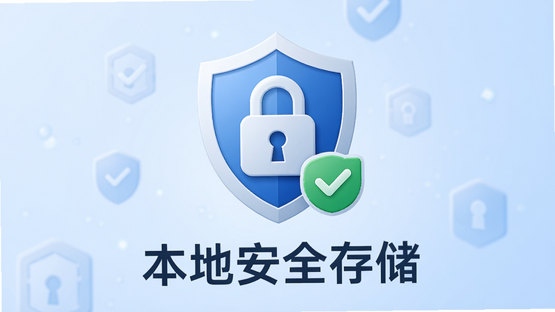 主体为盾牌图标与锁头结合,布局居中,背景为浅蓝色渐变,文字标注“本地安全存储”,风格简约安全风,细节有绿色对勾,画质高清,干净无杂乱元素