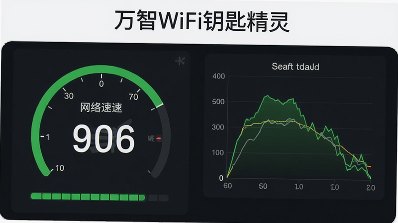 主体为网络测速仪表盘,布局左侧显示速度数值,右侧显示延迟图表,顶部标注万智WiFi钥匙精灵字样,风格简洁商务风,细节包含绿色进度条,画质锐利,干净无水印