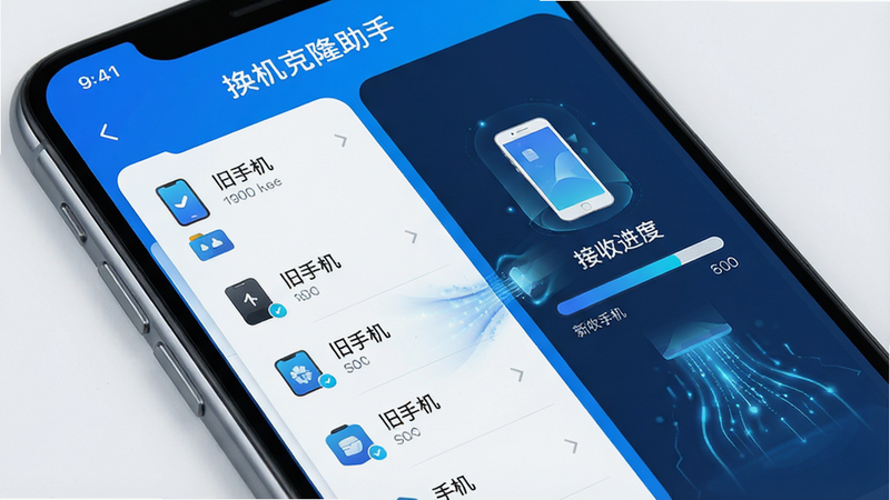 主体为智能手机特写,屏幕显示“换机克隆助手”应用界面,布局清晰,左侧为旧手机数据列表,右侧为新手机接收进度条,排版简洁现代,风格科技感蓝白色调,细节丰富展示数据流动效果,画质高清,干净,无多余元素