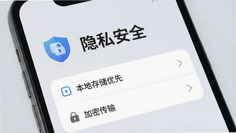 手机界面展示隐私安全设置页面,图标为盾牌和锁,显示“本地存储优先”和“加密传输”选项,背景为柔和的浅灰色,布局整齐,文字“隐私安全”清晰可见,整体风格专业、可信,无多余装饰,画质干净,细节清晰