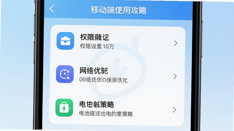 手机屏幕显示“移动端使用攻略”设置界面,列出权限设置、网络优化、电池策略等选项,图标清晰,文字说明简明扼要,背景为浅蓝色渐变,风格实用、直观,画质清晰,无多余元素,文字“使用攻略”居中显示