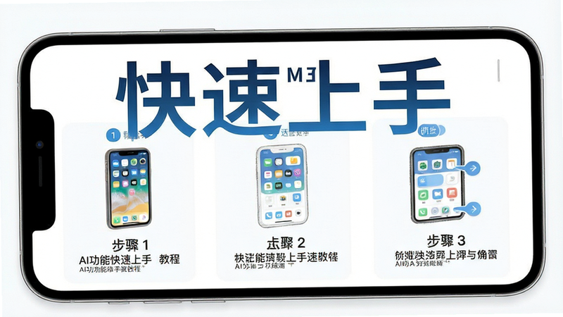 手机界面展示“AI功能快速上手”教程,步骤1-3清晰标注,配有示意图,文字说明简洁,背景为白色,风格清新,画质高清,文字“快速上手”醒目显示