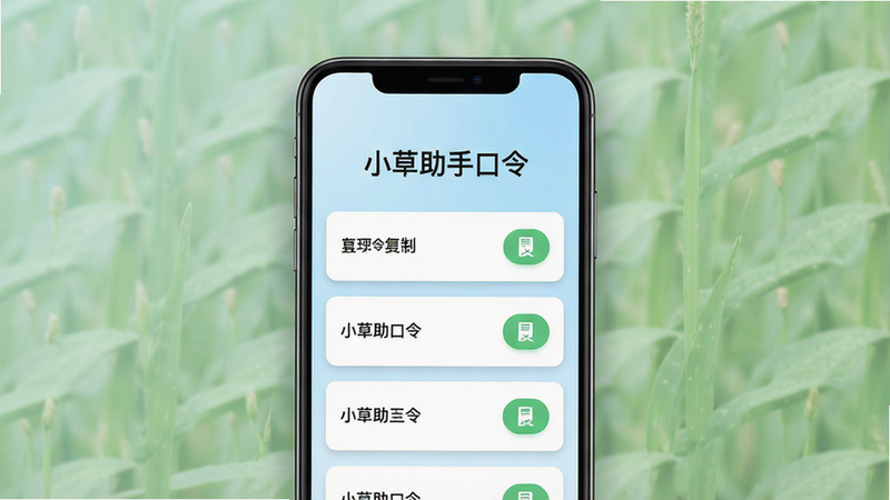 一张展示小草助手口令App界面的高保真UI设计图,主体为手机屏幕,屏幕中央显示“小草助手口令”标题,下方排列整齐的口令列表卡片,包含复制按钮,背景为柔和的浅蓝色渐变色,布局清晰简洁,排版现代扁平化风格,细节处有细微的阴影效果增加立体感,画质4k,干净无多余元素,文字清晰可见。