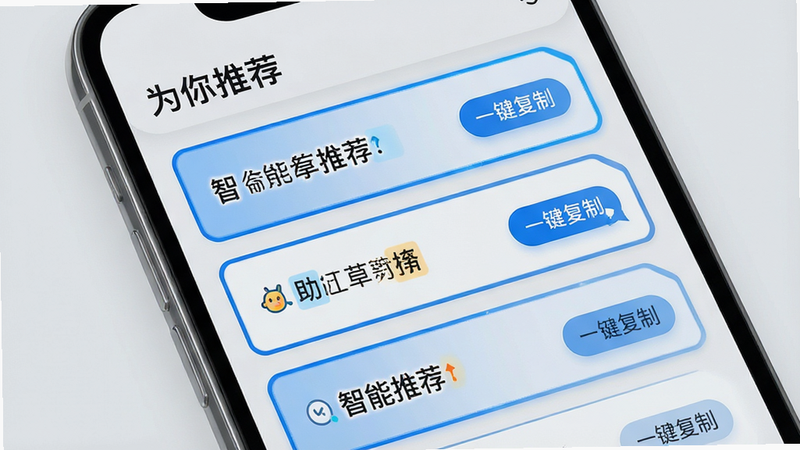 一张展示小草助手口令智能推荐功能的手机界面图,主体为手机屏幕,顶部显示“为你推荐”字样,下方列出几条高亮显示的口令卡片,每张卡片右侧有“一键复制”按钮,背景为浅灰色,布局紧凑有序,风格现代科技,细节处有蓝色高亮边框,画质高清,无杂乱元素,文字“智能推荐”清晰可见。
