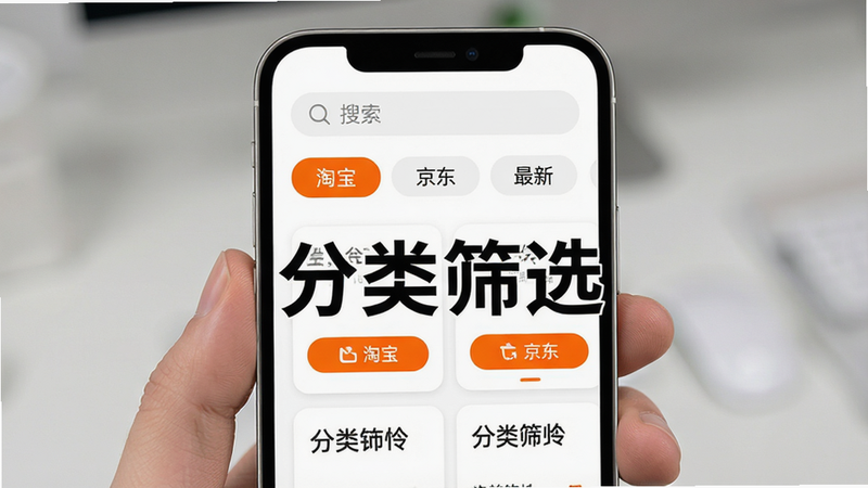 一张展示小草助手口令分类筛选功能的界面图,主体为手机屏幕,顶部有搜索栏,中间有多个标签页如“淘宝”、“京东”、“最新”,下方展示对应的口令卡片,界面风格为白色背景搭配橙色高亮按钮,排版整齐有序,细节处有圆角设计,风格现代简约,画质清晰,无杂乱元素,文字“分类筛选”醒目。