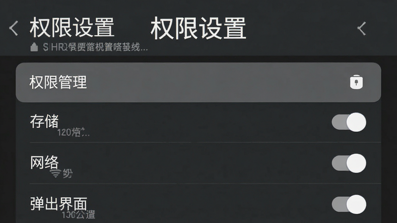 一张展示手机设置权限界面的示意图,主体为安卓系统设置菜单,高亮显示“权限管理”选项,下方列出“存储”、“网络”、“弹出界面”等权限开关,背景为深灰色模式,布局垂直排列,风格系统原生,细节处有白色文字说明,画质清晰,无多余装饰,文字“权限设置”加粗显示。