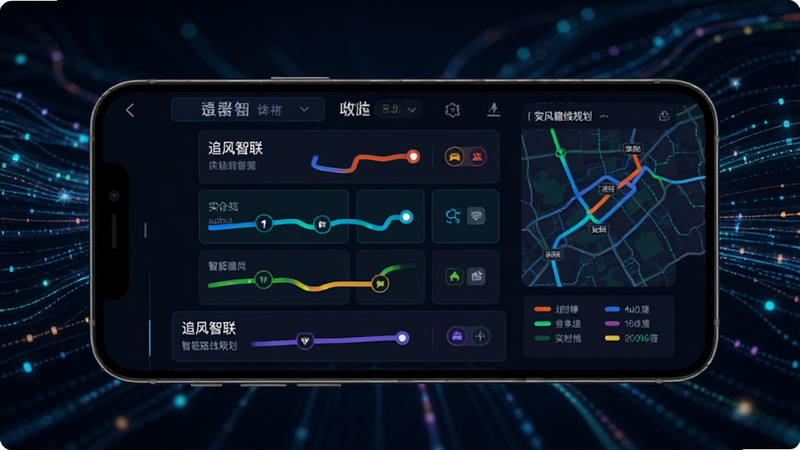 展示追风智联智能路线规划功能的界面图,手机屏幕上显示多条不同颜色的路线规划选项,旁边有实时路况图例,背景为抽象的数据流线条,主体突出,布局左右平衡,排版有序,风格科技感强,细节清晰,高分辨率,无杂乱背景