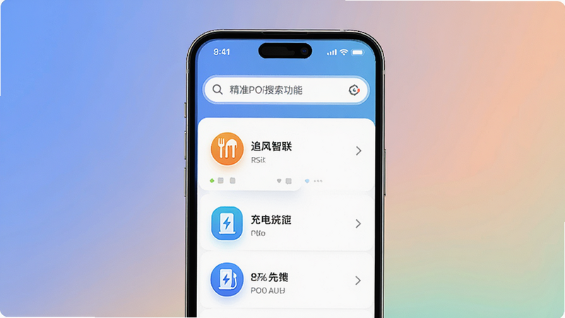 追风智联精准POI搜索功能展示,手机屏幕上显示搜索框及列表结果,包括餐厅和充电站图标,背景为柔和的渐变色,主体清晰,布局上下结构,排版整齐,风格清新简约,细节饱满,4K画质,无多余装饰元素