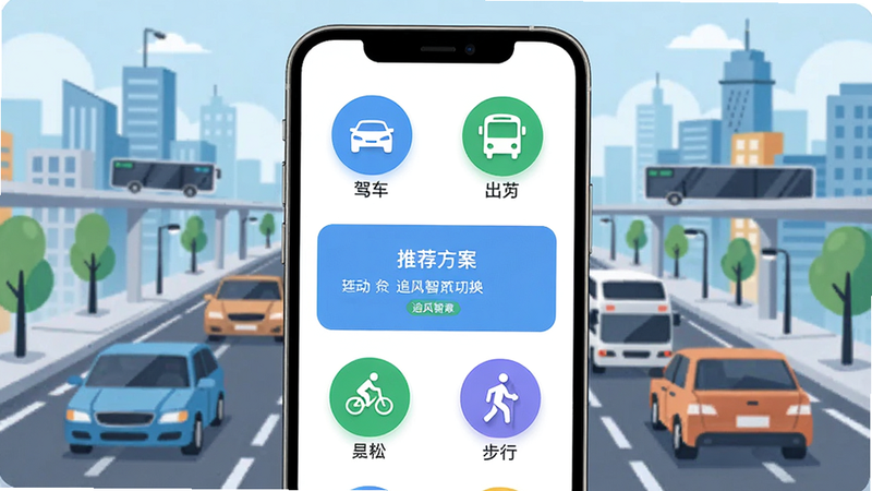 手机界面展示追风智联的多模式切换功能,界面上有驾车、公交、骑行、步行四个图标,中间显示推荐方案,背景为城市交通场景的插画,主体居中,布局紧凑,排版美观,风格扁平化设计,细节精致,高清无噪点,画面干净