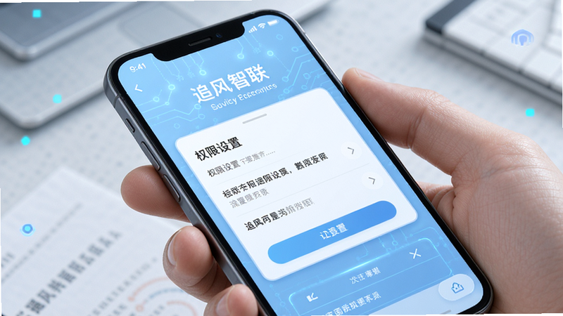 展示追风智联在移动端使用时的注意事项界面,手机屏幕上显示权限设置选项,背景为淡蓝色科技感图案,主体突出,布局简洁,排版清晰,风格专业,细节到位,高清画质,无多余干扰元素