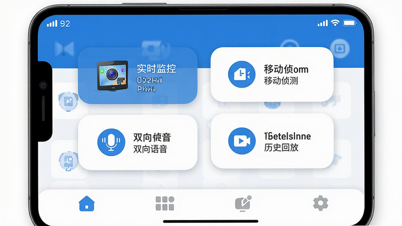 主体为手机屏幕界面,显示监控远程看家摄像头APP的主页,布局清晰,顶部为状态栏,中间为四个主要功能入口图标:实时监控、移动侦测、双向语音、历史回放,底部为导航栏,风格为现代扁平化设计,细节包含柔和的阴影和圆角,画质高清,干净无多余元素,色彩以科技蓝和白色为主,文字清晰可见