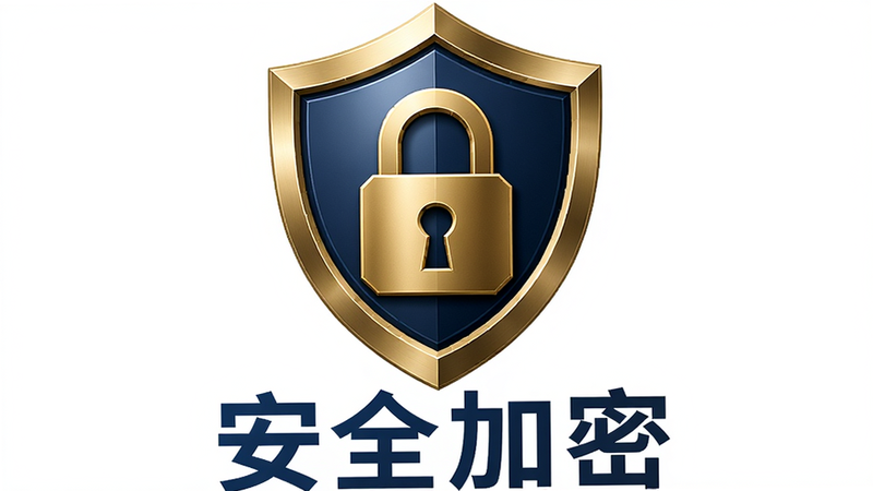 主体为盾牌图标与锁头结合,象征安全防护,布局为居中构图,排版简洁有力,风格为商务安全风,细节包含盾牌表面的金属质感和光泽,画质高清,干净,无多余元素,文字“安全加密”在下方,颜色为深蓝与金色搭配