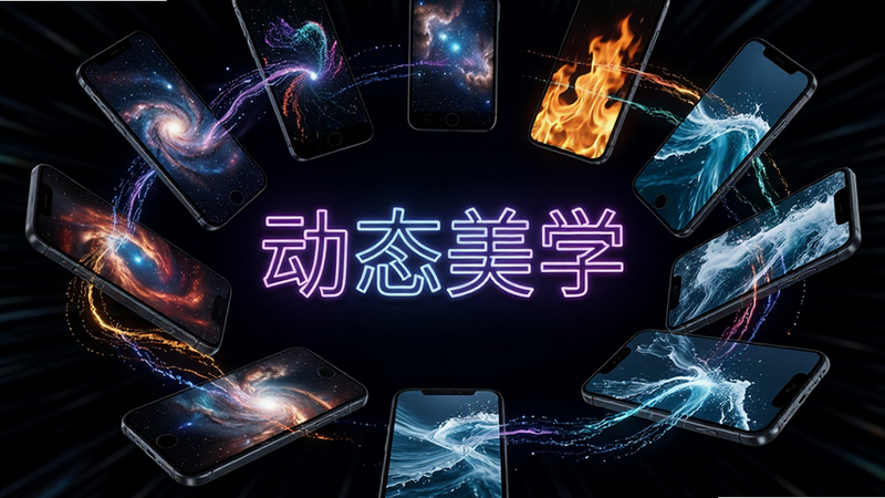 主体为多部手机悬浮在空中,每部手机屏幕显示不同的动态粒子特效,如星空、火焰、水流等,布局呈环形阵列,排版富有动感与层次,风格为未来科技感,细节展现粒子运动的流畅轨迹,画质虚幻逼真,干净无多余遮挡,文字