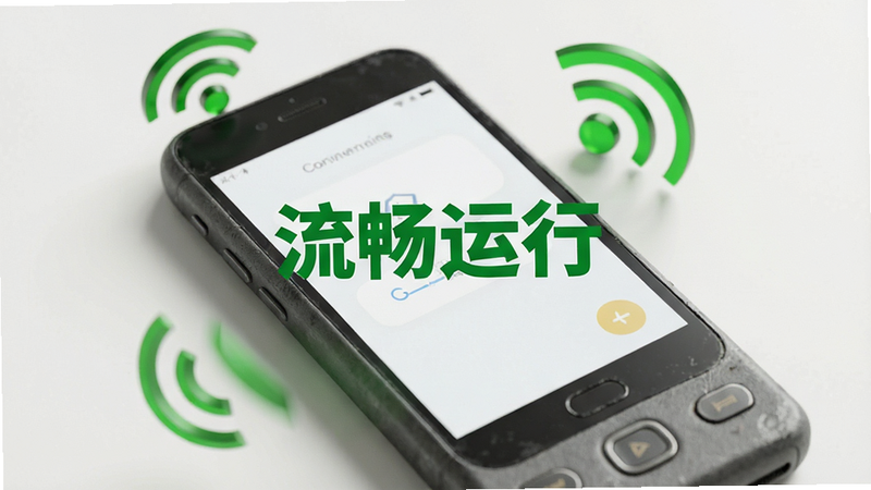 主体为一部老旧手机模型,屏幕显示着简洁流畅的界面,周围环绕着绿色的稳定信号图标,象征低负载与高稳定性,布局平衡协调,排版简洁明了,风格为实用主义科技风,细节展示手机表面的磨砂质感,画质真实自然,干净无多余装饰,文字