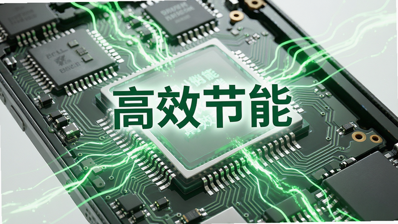 主体为手机内部芯片结构图,周围环绕着绿色的能量流动线条,象征低能耗与高效能,布局中心聚焦芯片,排版严谨有序,风格为工业科技风,细节展示电路板的精密纹理,画质清晰通透,干净无杂乱元素,文字