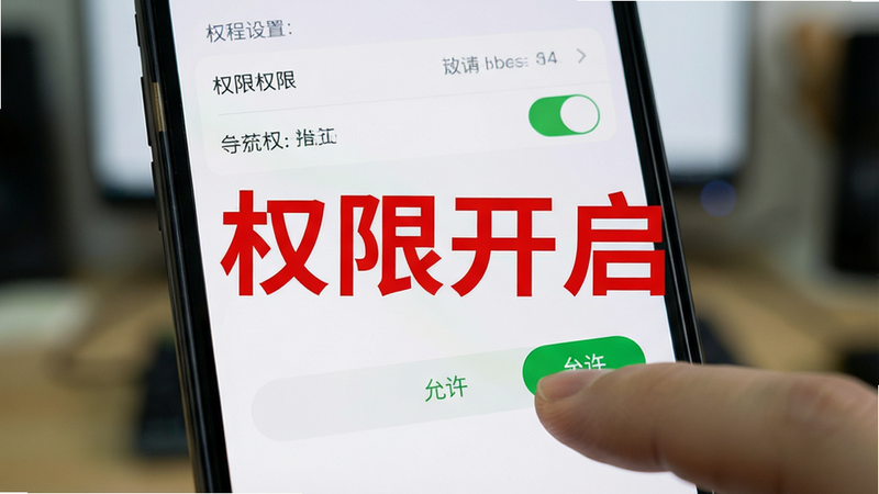 主体为一部手机屏幕,显示着详细的权限设置界面,手指正在点击“允许”按钮,背景模糊处理以突出操作区域,布局聚焦于关键操作点,排版清晰直观,风格为教程指引风,细节展示权限开关的状态变化,画质清晰易读,干净无干扰元素,文字