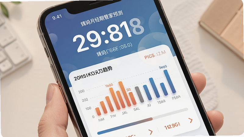 主体为手机界面截图,展示姨妈月经期管家的预测功能模块,顶部显示大号数字日期,下方有柱状图展示经期天数趋势,布局上下分层,风格科技感与温馨感结合,细节包含进度条和箭头指示,画质清晰,干净,无多余装饰