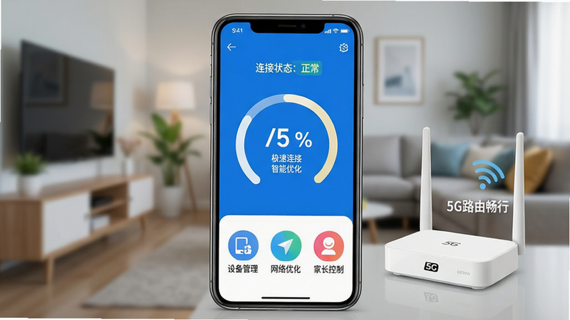 һ�Ÿ����ֻ�����չʾͼ������Ϊ��5G·�ɳ��С�APP��ҳ�����������ִ�������������ɫ��������ʾ������״̬�����������в��д�Բ��ͼ��չʾʵʱ�ϴ��������ٶȣ��·����С��豸���������������Ż��������ҳ����ơ��ȹ���ͼ�ꡣ����Ϊ�黯���ִ���ͥ��������һ̨��ɫ5G·���������������ɼ�����5G·�ɳ��С������������ӡ����������Ż���������4k��ϸ�ڷḻ���޶���Ԫ�أ���ƽ����Ʒ��