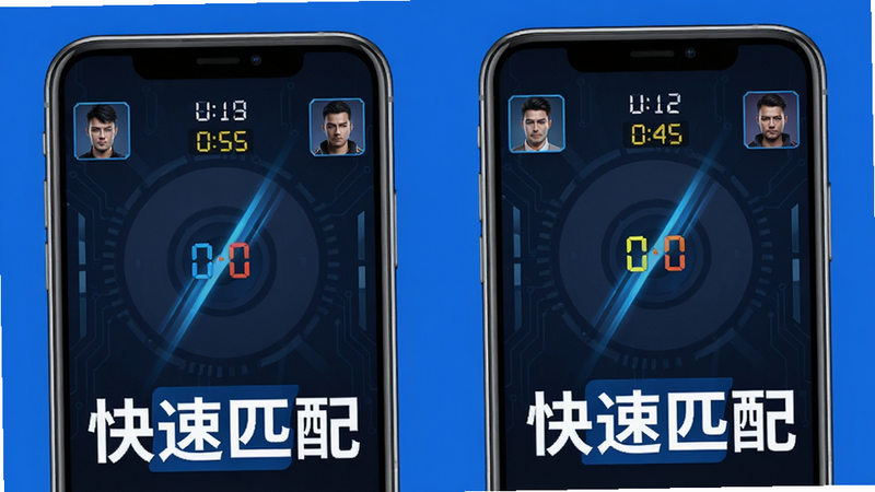 Boogu-Image 风格,主体为两个手机屏幕并排显示对战界面,布局对称,排版紧凑,风格现代科技感,细节显示匹配倒计时和对手头像,画质清晰,干净无水印,文字“快速匹配”醒目,蓝色主色调