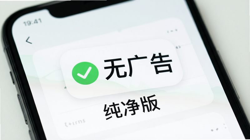 Boogu-Image 风格,主体为手机界面展示“无广告”标识,布局中心突出,排版极简,风格清新自然,细节显示绿色对勾图标,画质高保真,干净无杂乱元素,文字“纯净版”清晰,柔和光线效果
