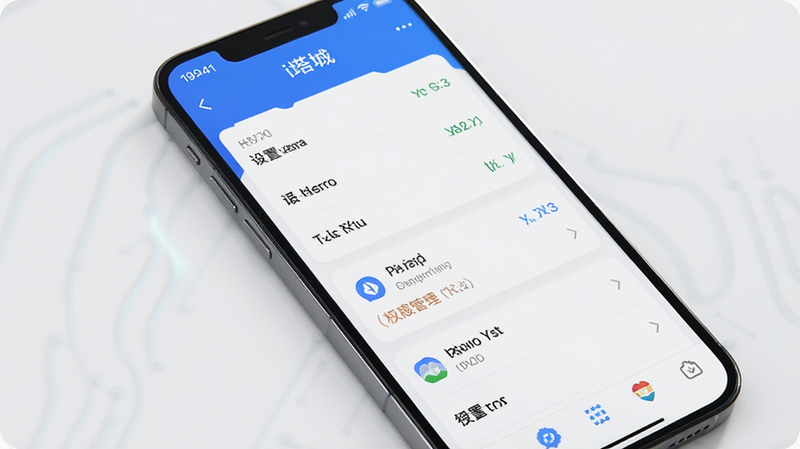 主体为手机屏幕显示“i塔城”应用设置页面,布局为列表式,排版简洁,风格科技感,细节展示权限管理选项,画质清晰,干净,无多余元素