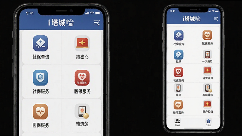 主体为手机界面展示“i塔城”政务中心页面,布局为垂直列表,图标醒目,排版规范,风格官方严谨,细节包含“社保查询”、“医保服务”等图标,画质清晰,干净,无多余元素