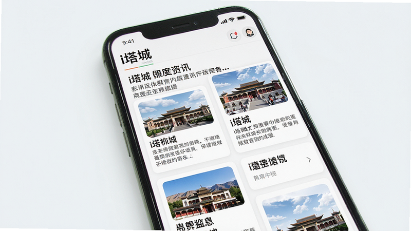 主体为手机界面展示“i塔城”资讯列表,布局为双列卡片式设计,排版整齐,包含标题、摘要及配图,风格清新明亮,细节展示文字清晰可读,画质细腻,干净,无多余元素
