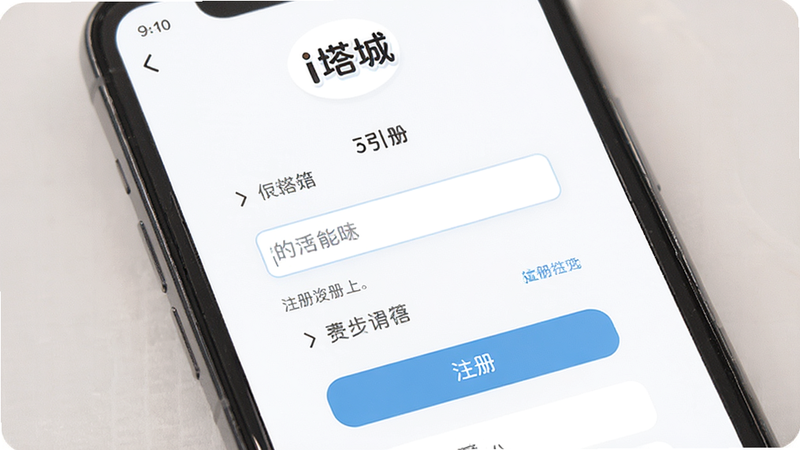 主体为手机界面展示“i塔城”注册流程,布局为分步引导,排版清晰,风格友好,细节展示输入框及按钮,画质明亮,干净,无多余元素