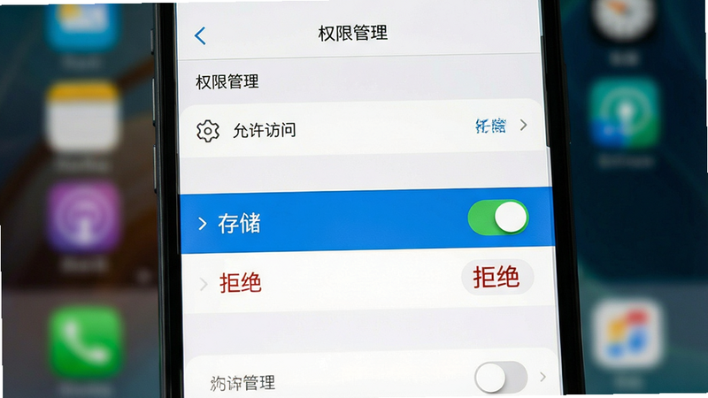 主体为手机设置界面截图,显示“权限管理”页面,高亮“存储”权限开关为开启状态;布局为手机竖屏,背景为模糊的桌面;排版清晰,文字标签“允许访问”、“拒绝”对比鲜明;风格为系统原生UI风格,简洁明了;细节包括齿轮图标、权限列表项、开关按钮状态清晰;画质高清,干净,无水印,文字“存储权限”清晰可见