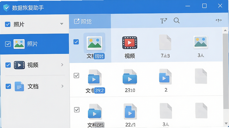 主体为“数据恢复助手”软件的功能界面截图,展示文件类型筛选菜单;布局为左侧分类栏(照片、视频、文档),右侧为文件列表预览区;排版清晰,图标扁平化设计,蓝色为主色调;风格为UI设计展示图,背景为浅灰色渐变;细节包括勾选框、文件图标、大小标签清晰可读;画质高清,干净,无多余装饰,文字“照片”、“视频”清晰