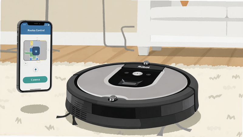 一张高清扁平化风格插画,主体为iRobot Roomba扫地机器人在现代客厅地毯上工作,旁边悬浮着一部智能手机,手机屏幕上显示着“Roomba Control”应用界面,包含地图和清扫按钮,背景为柔和的米色和白色,光线明亮,细节丰富,8k分辨率,干净无杂物