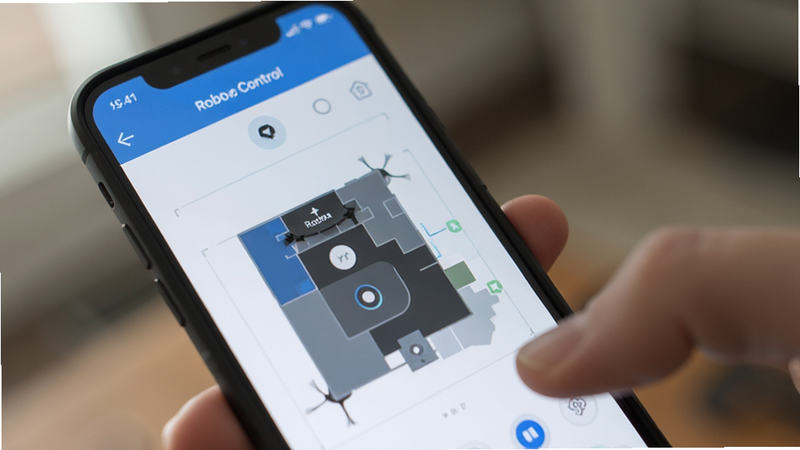 一张写实风格的特写照片,展示手指正在操作手机上的“Roomba Control”应用界面,屏幕清晰显示着扫地机器人的实时状态和地图,背景虚化,突出屏幕内容,光线柔和,细节清晰,高清画质,无水印