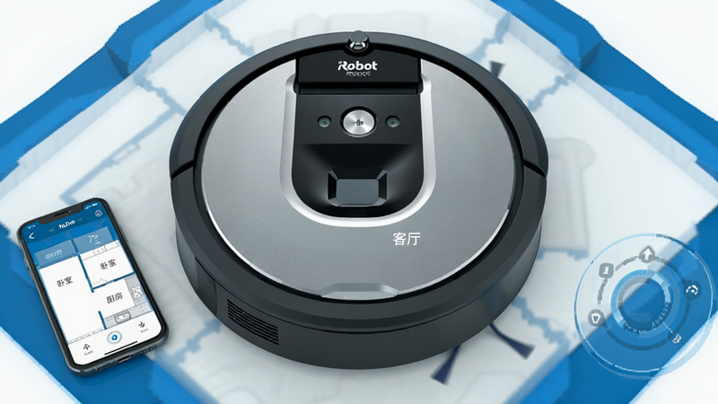 一张科技感的3D渲染图,展示iRobot Roomba机器人正在绘制家庭地图,地图上标注了“客厅”、“卧室”、“厨房”等中文标签,旁边有一部手机显示控制界面,整体色调为蓝白科技风,线条清晰,布局整齐,高清画质,无多余元素