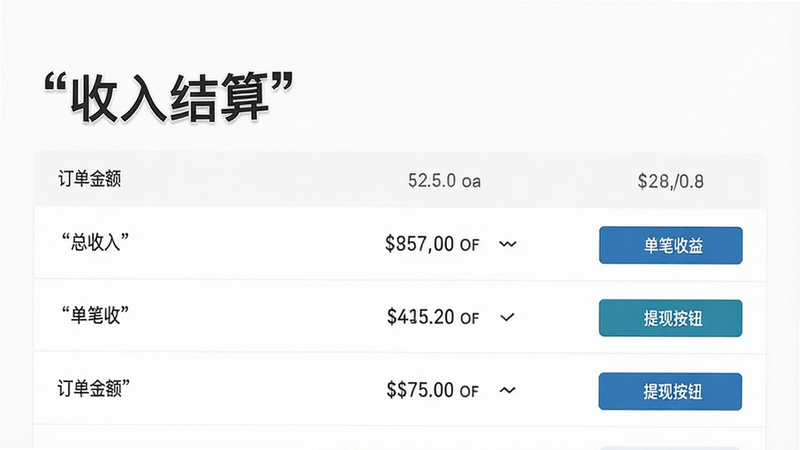 主体为收入结算报表界面,布局为列表形式展示订单金额,排版清晰,风格为商务简约风,细节显示“总收入”、“单笔收益”、“提现按钮”,文字加引号显示“收入结算”,画质高清,背景纯净,无多余元素