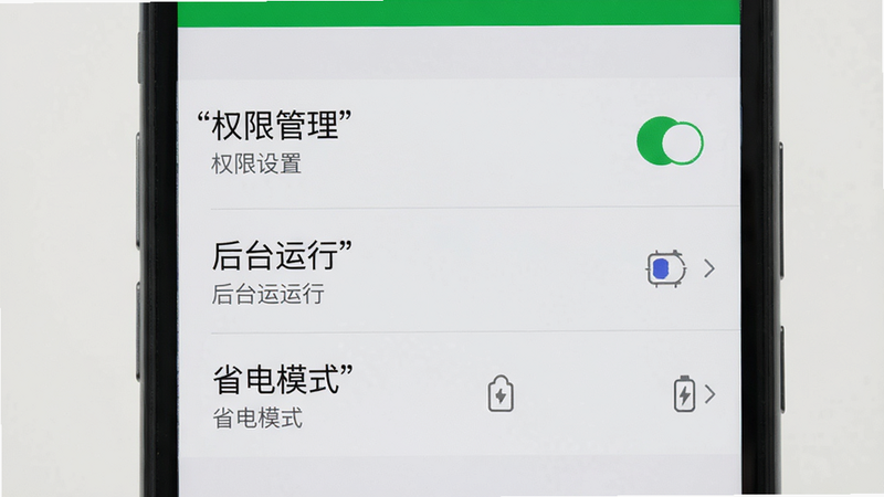 主体为手机设置界面,布局为列表形式,排版清晰,风格为系统默认设置风格,细节显示“权限管理”、“后台运行”、“省电模式”选项,文字加引号显示“权限设置”,画质清晰,背景干净,无多余元素