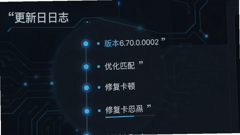 主体为版本更新日志界面,布局为时间轴形式,排版简洁,风格为科技风,细节显示“版本6.70.0.0002”、“优化匹配”、“修复卡顿”等文字,文字加引号显示“更新日志”,画质高清,背景纯净,无多余元素