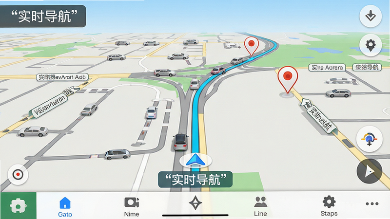 主体为实时导航地图界面,布局为全屏地图加底部导航条,排版紧凑,风格为写实地图风格,细节显示道路、车辆轨迹、目的地标记,文字加引号显示“实时导航”,画质锐利,背景干净,无多余元素