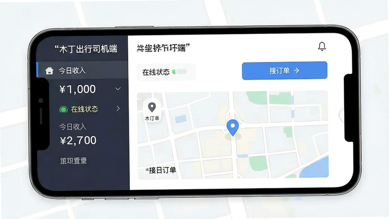 主体为木丁出行司机端APP的手机界面展示,布局采用左侧导航栏与右侧主内容区结构,排版清晰简洁,风格为现代扁平化设计,细节包含“今日收入”、“在线状态”、“接订单”等核心按钮及地图定位图标,文字加引号显示“木丁出行司机端”,画质高清,背景干净,无多余元素