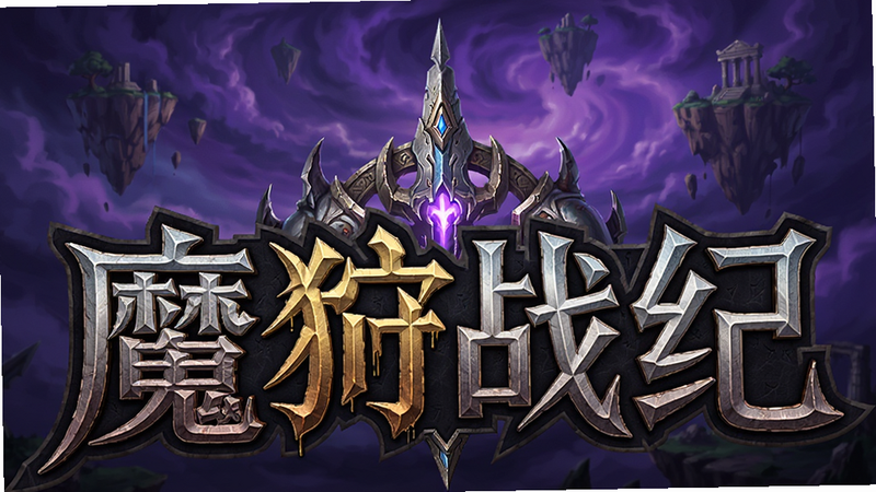 主体为游戏《魔狩战纪》的Logo特写,居中放置,背景是深邃的紫色魔幻天空与漂浮的岛屿,布局对称,排版简洁大气,风格为高精度3D渲染,细节丰富,画质8k,干净,无多余元素
