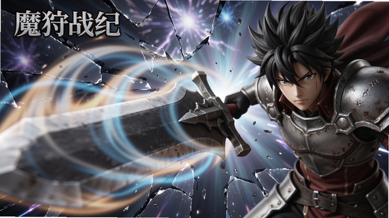 主体为《魔狩战纪》角色释放技能的特写镜头,角色手持巨剑挥出剑气,背景是破碎的空间特效,布局动感十足,排版倾斜构图,风格为动漫渲染结合写实光影,细节展现剑气流动,画质高清,干净,无多余元素