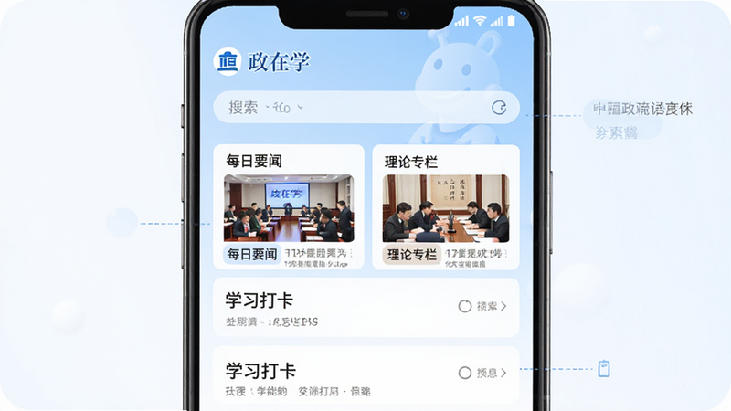 一张展示‘政在学’安卓应用界面的高质量UI设计图,主体为手机屏幕,显示首页布局,顶部有‘政在学’Logo和搜索栏,中间区域分为‘每日要闻’、‘理论专栏’、‘学习打卡’三个模块,背景为淡蓝色渐变,风格现代简约,高清,干净,无多余元素