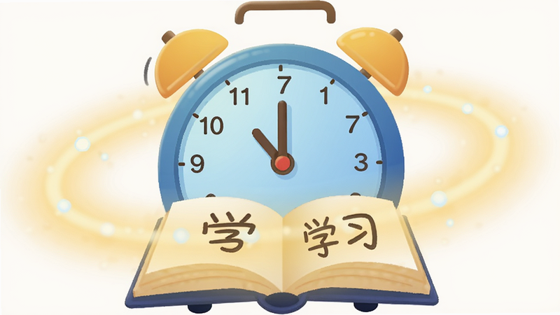 一个智能闹钟图标与书本结合的创意插画,闹钟指针指向早上7点,书本上写着‘学习’,周围环绕着柔和的光晕,象征清晨的学习时光,风格温馨舒适,高清,无杂乱背景