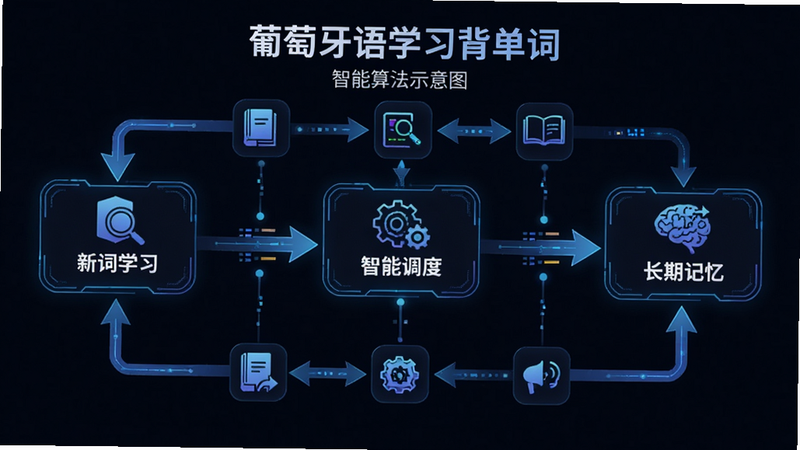 主体为“葡萄牙语学习背单词”智能算法示意图,布局为流程图形式,展示从“新词学习”到“智能调度”再到“长期记忆”的过程,风格科技感强,细节包含数据节点与箭头连接,画质清晰,无多余装饰
