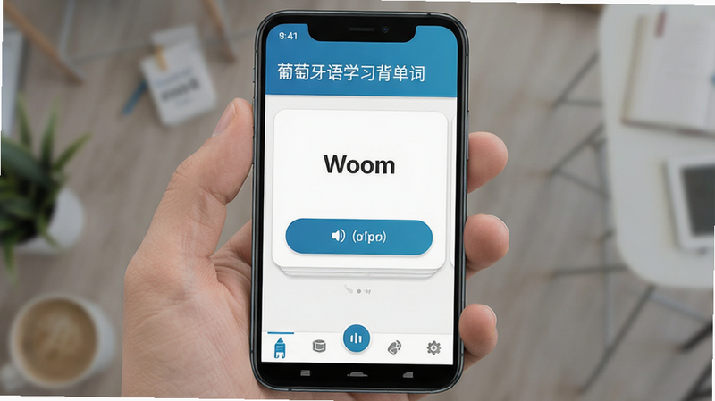 主体为“葡萄牙语学习背单词”安卓应用界面展示图,布局清晰,顶部显示应用名称,中部展示单词卡片与发音按钮,底部为功能导航栏,风格简约现代,细节处展现流畅的UI交互,画质高清,干净无多余元素