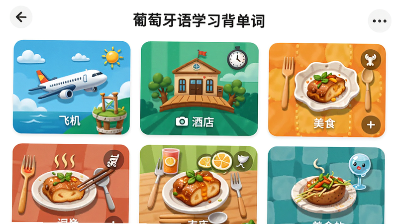 主体为“葡萄牙语学习背单词”场景化词库选择页面,布局为网格状卡片,每张卡片代表一个场景(如飞机、酒店、美食),风格生动活泼,细节图标精致,画质高分辨率,界面整洁