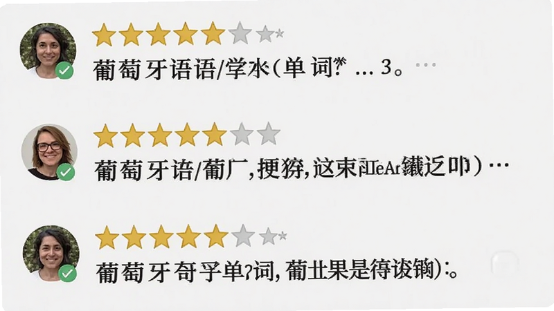 主体为“葡萄牙语学习背单词”用户评价截图模拟图,布局展示几条五星好评与文字评论,风格真实自然,细节包含用户头像与星级评分,画质清晰,背景简洁,无广告干扰