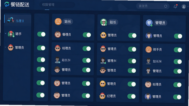 主体为权限管理仪表盘界面,布局展示不同角色图标对应的权限开关列表,排版网格化,风格深蓝色商务风,细节包含“骑手”、“站长”、“管理员”标签及勾选状态,画质高清,干净,无多余元素,显示“餐链配送”文字