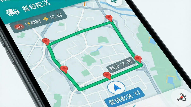主体为手机地图导航界面,布局显示多条绿色最优路线连接多个红点站点,排版直观清晰,风格为科技蓝绿色调,细节包含路况颜色区分、预计耗时标签,画质高清,干净,无多余元素,显示“餐链配送”文字